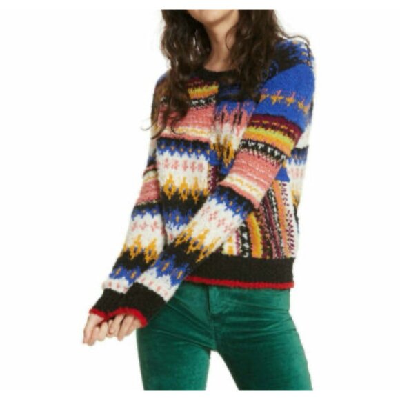 Free People Alpaca Blend Sweater Colorful Patch Pullover Women's Size M Boho - Picture 1 of 9